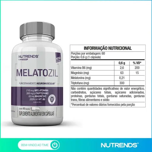 Melatozil (Melatonina + Triptofano + Magnésio) Nutrends 60 Cápsulas