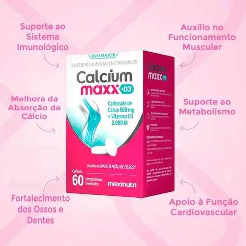 Cálcio Vitamina D3 Colecalciferol Calcium Maxx 600mg + 200UI 60 Cápsulas