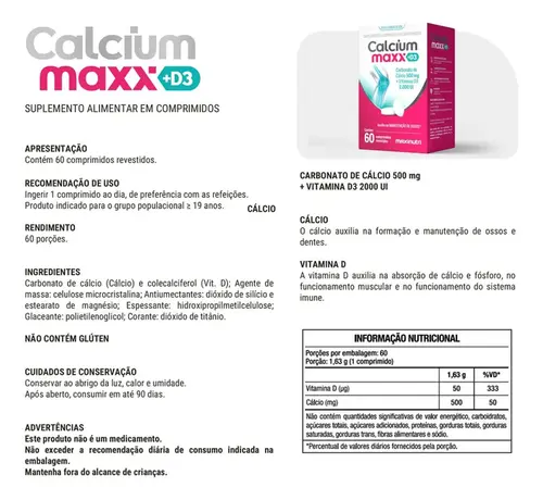 Cálcio Vitamina D3 Colecalciferol Calcium Maxx 600mg + 200UI 60 Cápsulas