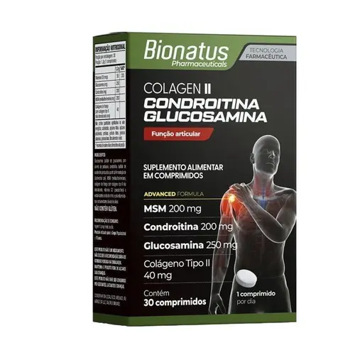 Suplemento Alimentar MSM 200mg + Condroitina 200mg + Glucosamina 250mg + Colágeno Tipo II 40mg 30 Comprimidos Bionatus