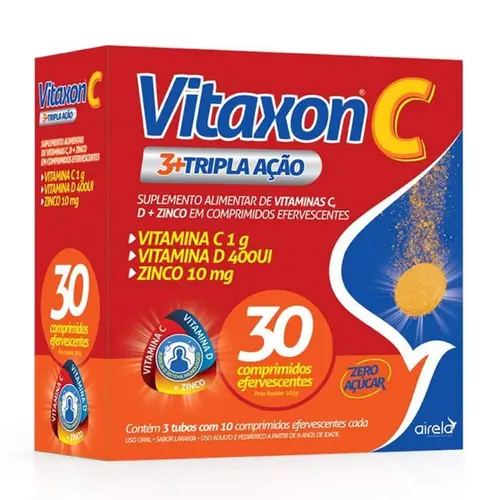 Vitaxon C Tripla Ação Vitamina C 1g + Vitamina D 4000UI + Zinco 10mg 30 Comprimidos