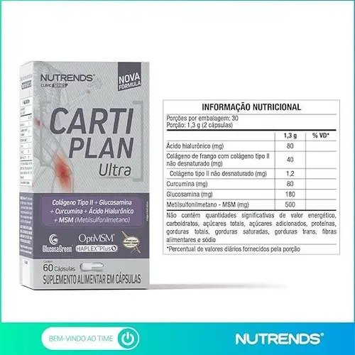 Suplemento Alimentar Cartiplan Ultra (Colágeno Tipo II + Glucosamina + Curcumina + Ácido Hialurônico + MSM) Nutrends 60 Cápsulas