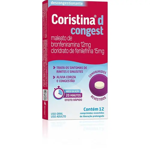 Coristina D Congest Maleato de Bronfeniramina 12mg + Cloridrato de Filefrina 15mg 12 Comprimidos