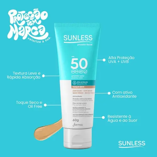 Protetor Solar Sunleess Fps 50 Facial 60g Com Base Médio