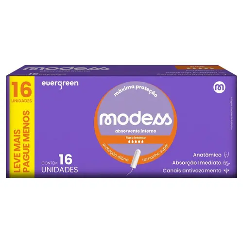 Absorvente Modess Interno Intenso Tamanho Super 16 Unidades