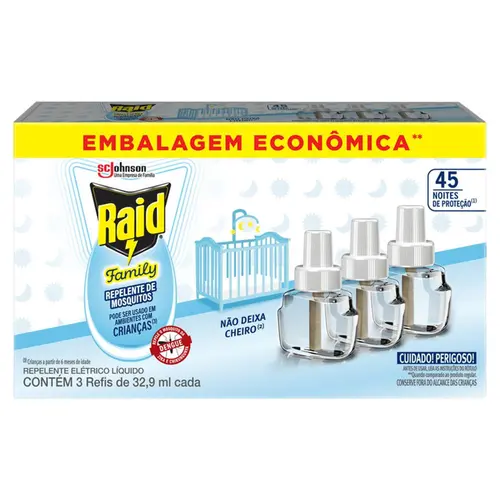 Repelente Raid Family Elétrico Líquido 45 Noites 3 Unidades 32,9ml