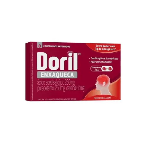 Doril Enxaqueca Ácido Acetilsalicílico 250mg + Paracetamol 250mg + Cafeína 65mg 8 Comprimidos