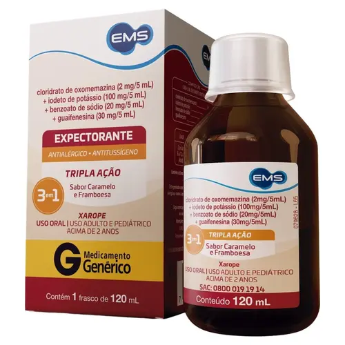 Xarope Cloridrato de Oxomemazina + Iodeto de Potássio + Benzoato de Sódio + Guaifenesina 120 mL EMS