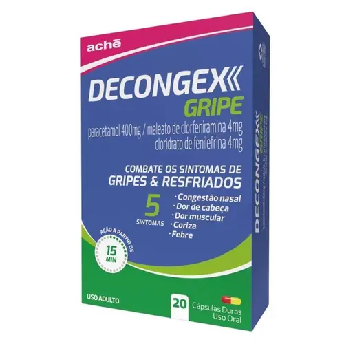 Decongex Gripe Paracetamol 400 mg + Maleato de Clorfeniramina 4 mg + Cloridrato de Fenilefrina 4 mg Cápsula Dura 20 Comprimidos