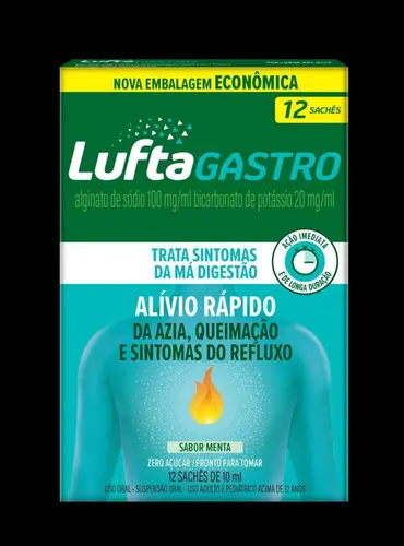 LuftaGastro Sachê Líquido Alginato de Sódio 100mg/ml + Bicarbonato de Potássio 20mg/ml Sabor Menta Suspensão Oral 12 Sachês com 10ml Cada